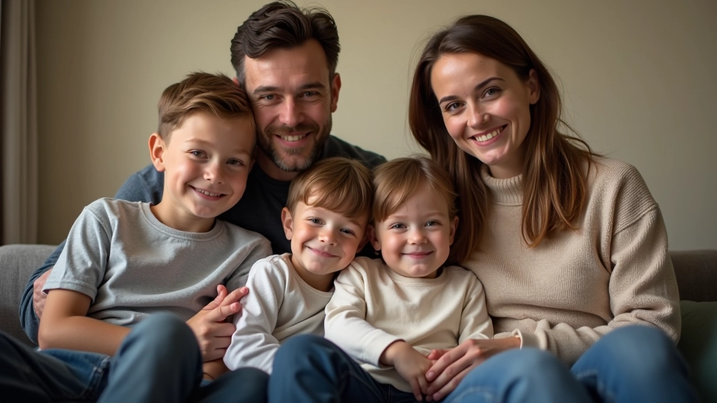 Rodina se dvěma dětmi v domácím prostředí, usmívající se a relaxující spolu