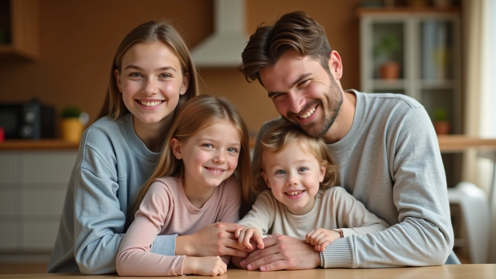 Rodina s dětmi v domácím prostředí, rodiče a dvě děti, přátelská atmosféra