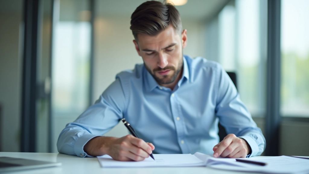 Podnikatel rozhodující se při stolu s perem a tužkou v rukou