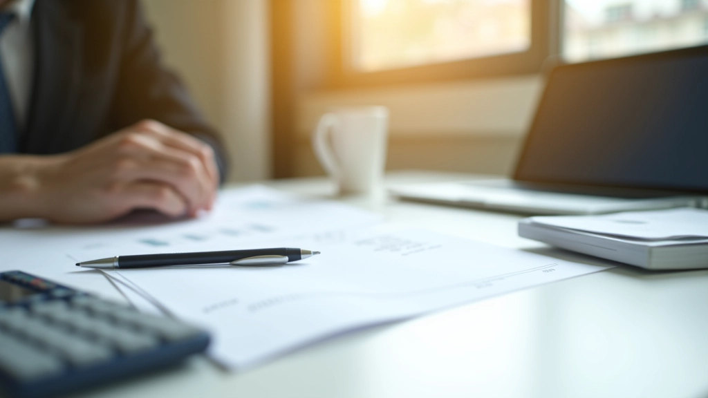 Pracovní stůl s daňovými formuláři a kalkulačkou pro přípravu daňového přiznání