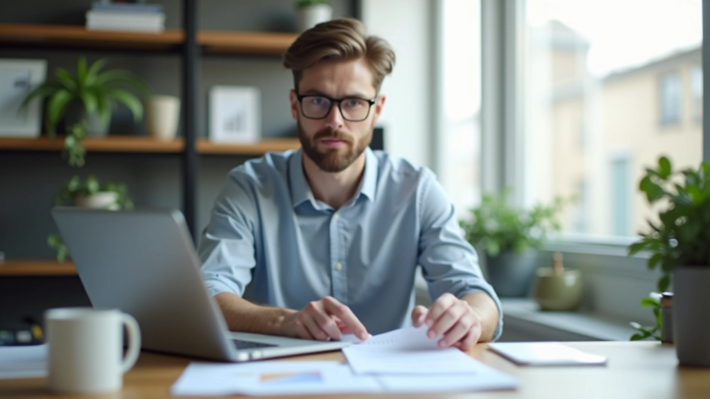 Majitel malé firmy s laptopem a výkazy o příjmech a výdajích