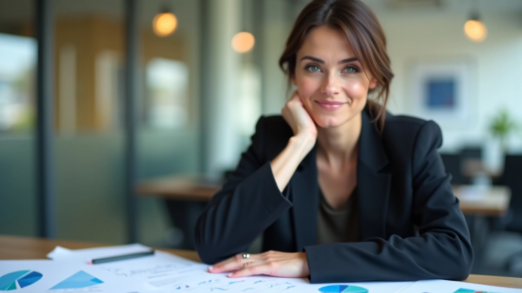 Podnikatelka sedící u stolu s grafy a papíry, přemýšlející o daňovém plánu